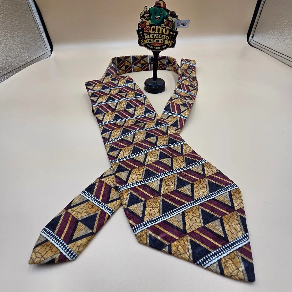 GianCarlo Lamberti Mens Silk Tie Geometric Abstract Gold Burgundy Made in Italy